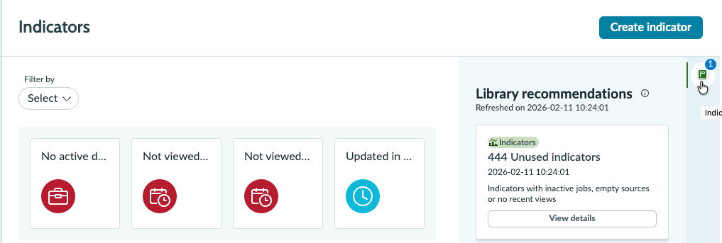Indicator library showing recommendation panel.