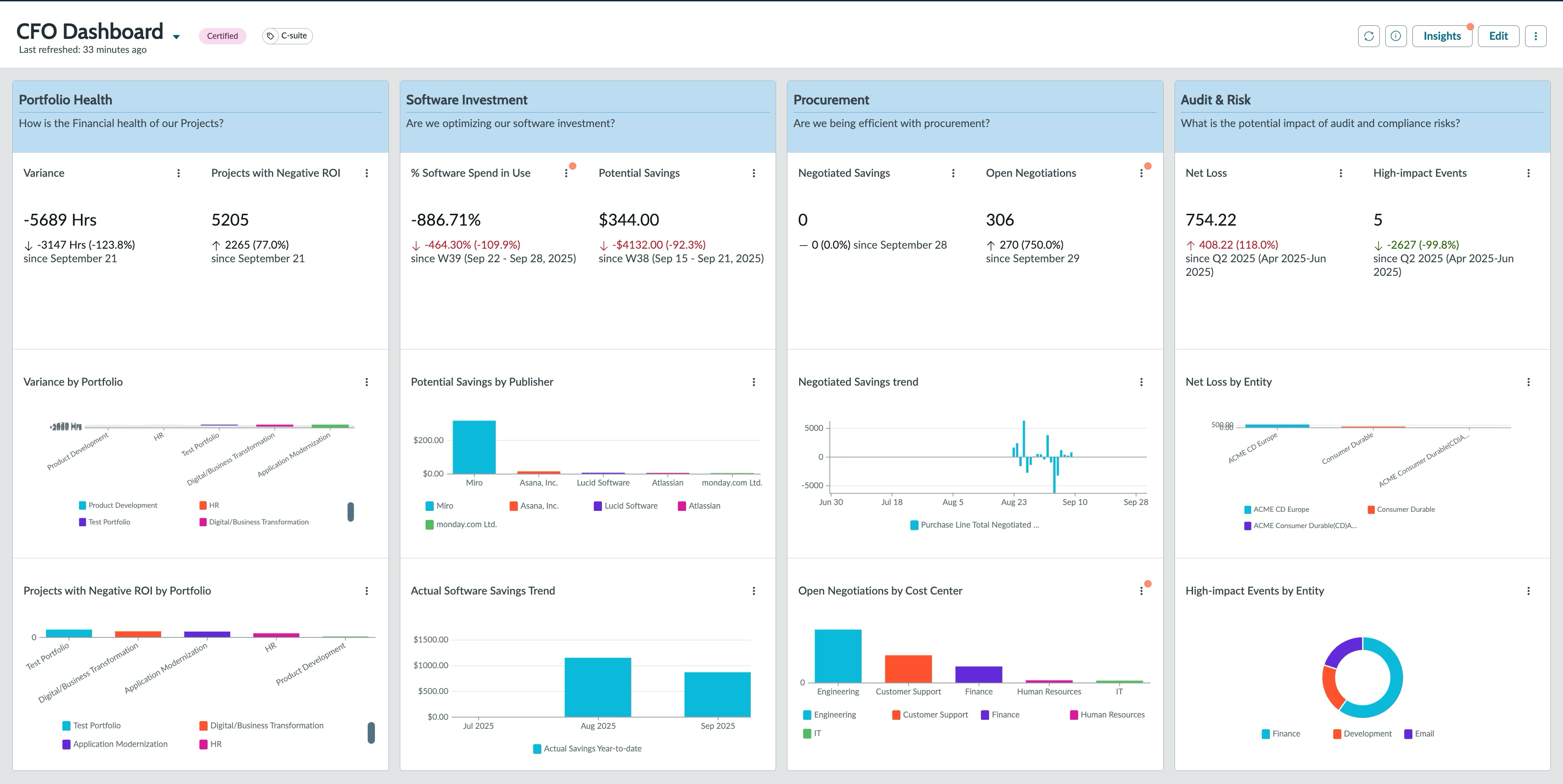 CFO dashboard overview screen featuring pillars for Portfolio Health, Software Investment, Procurement, Audit, and Risk under each heading of which there are several visualizations