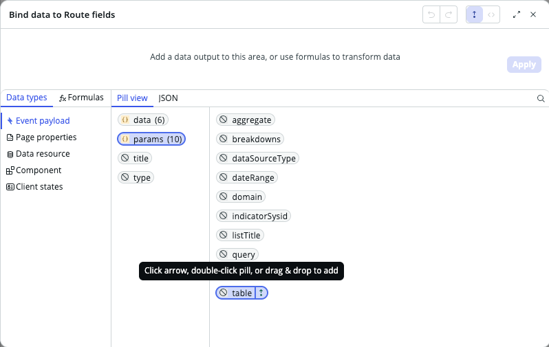 Selecting the payload.params.table property in the data binding editor.