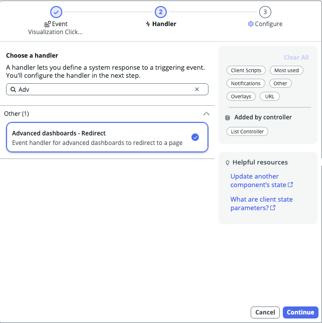 Selecting the Advanced dashboards - Redirect event handler.
