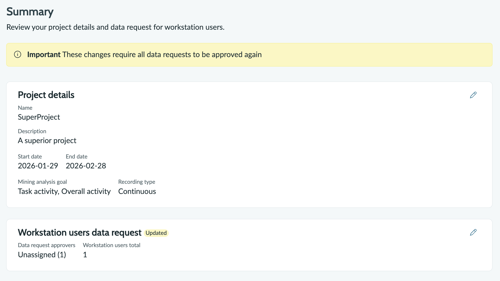 Screenshot showing the project summary page.