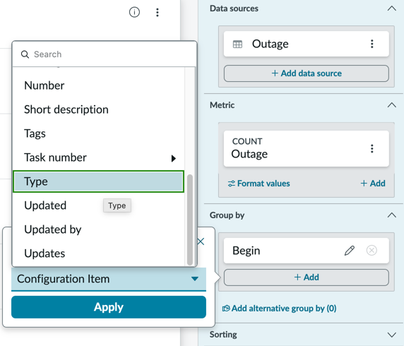 Vertical bar additional group by selection with the Type field highlighted