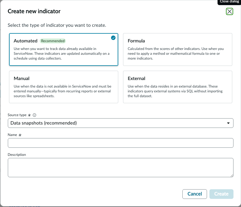 Create new indicator page opened from indicator library.