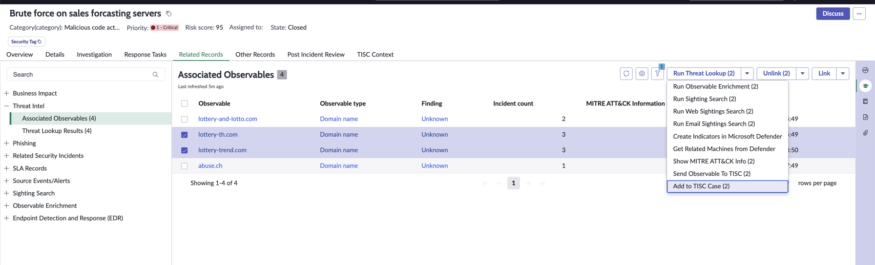 Ajout d’observables au ticket TISC