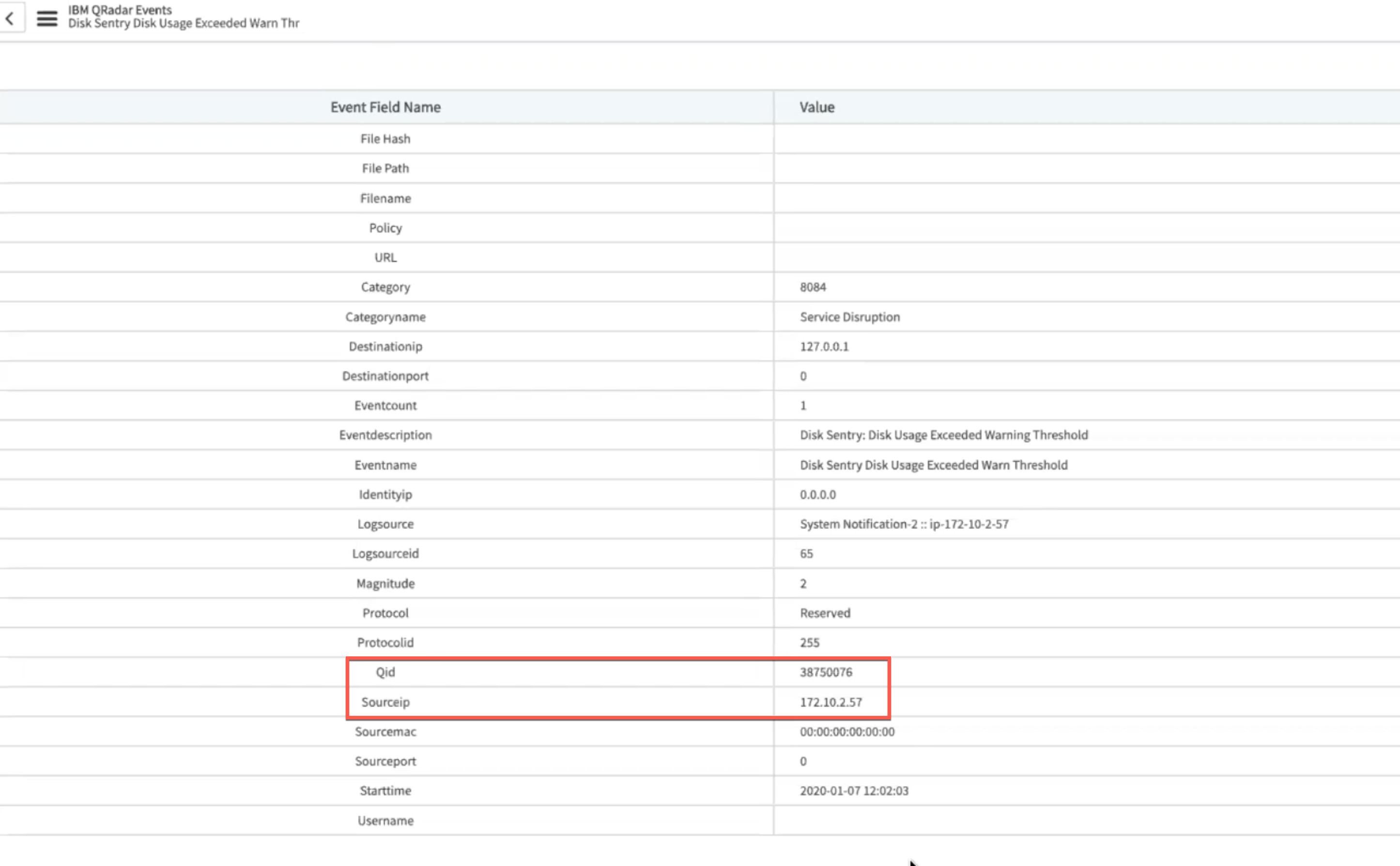 IBM QRadar : événements IBM QRadar récents : vue de liste