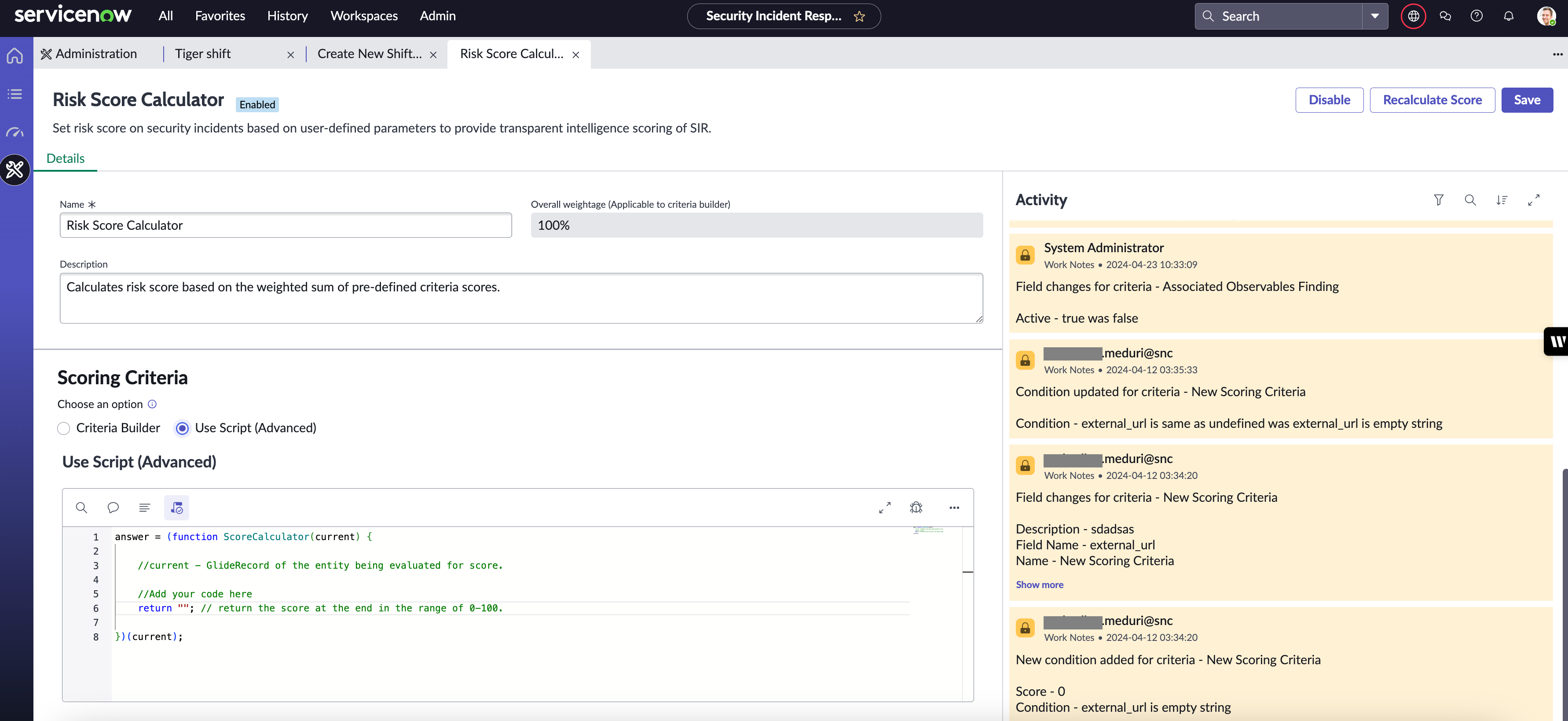 Exemple de code de l’option Avancé du script