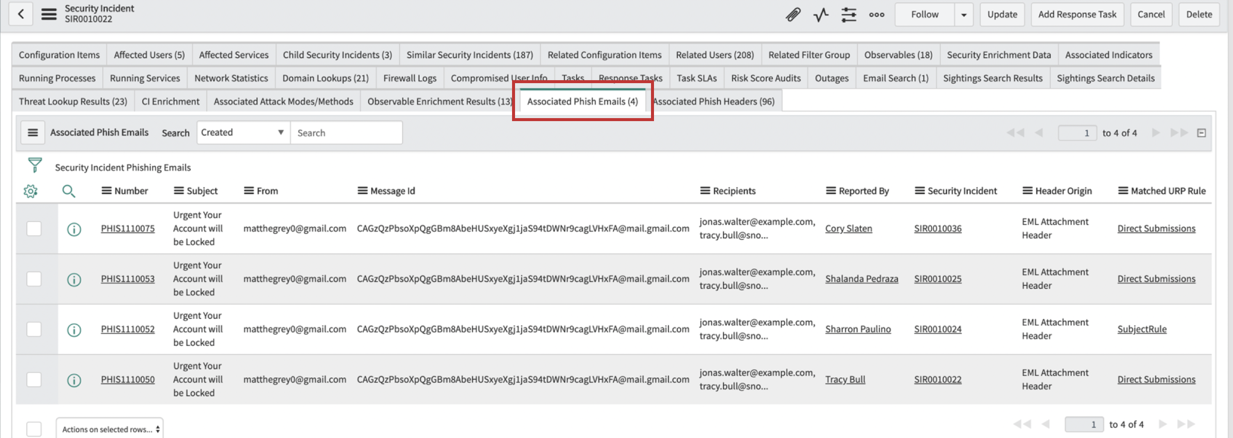 Enregistrements d’e-mails d’hameçonnage associés