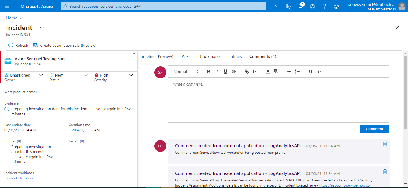 Enregistrement d’incident dans Azure Sentinel