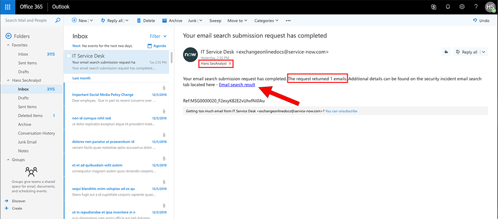 Notification par e-mail pour la recherche d’e-mail soumise par l’analyste de sécurité.