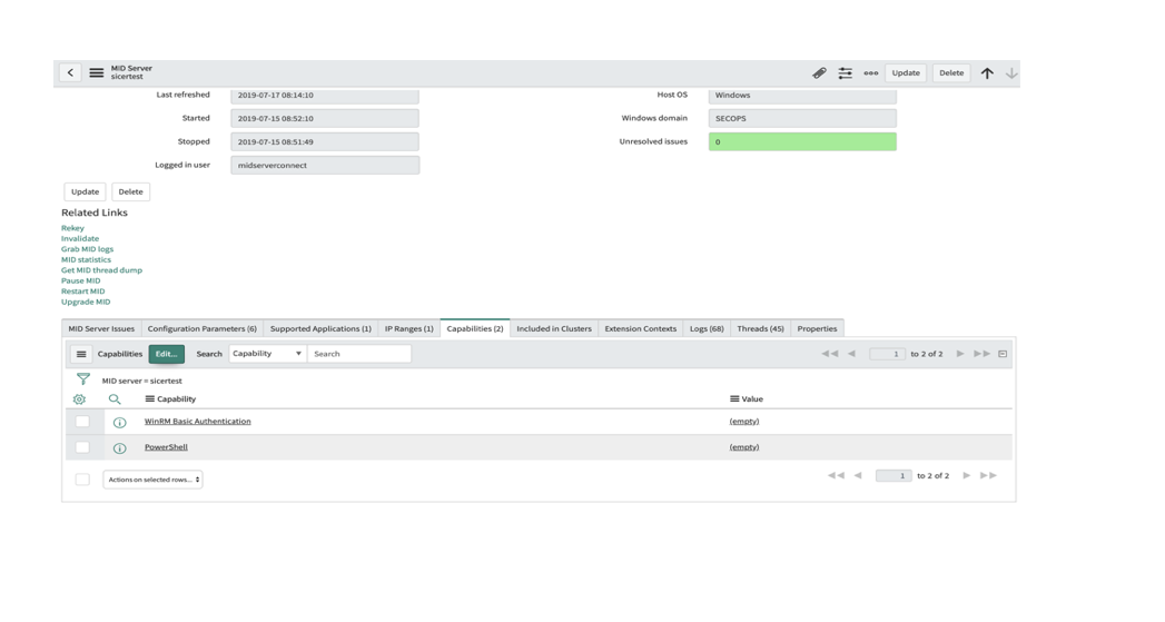 Configuration de MID Server : options configurées