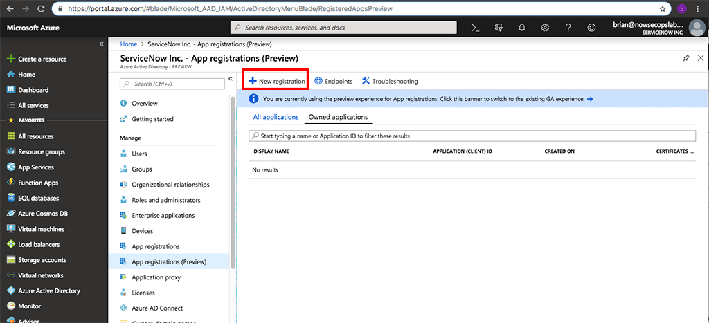 Nouveau lien d’inscription en surbrillance dans le volet d’aperçu des inscriptions des applications ServiceNow sur le portail Microsoft Azure.