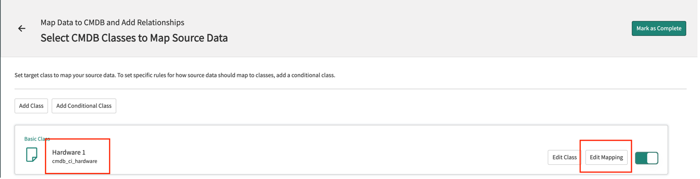 Selecionar classes do CMDB para mapear dados de origem