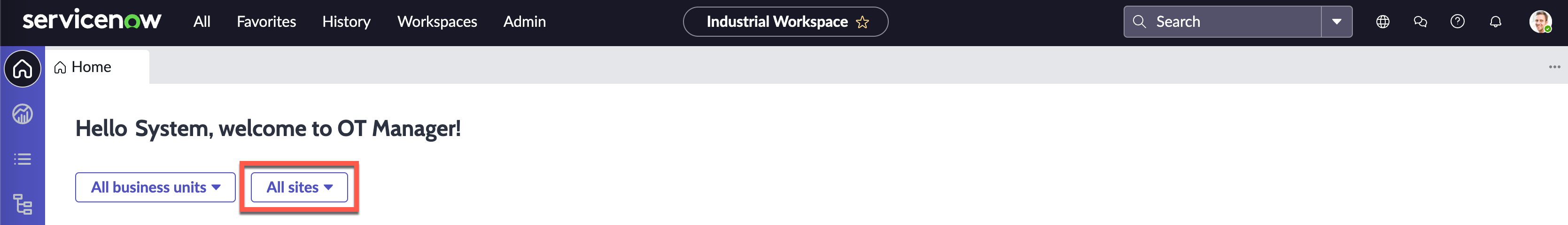 Todos os sites são filtrados no painel do OT Manager.