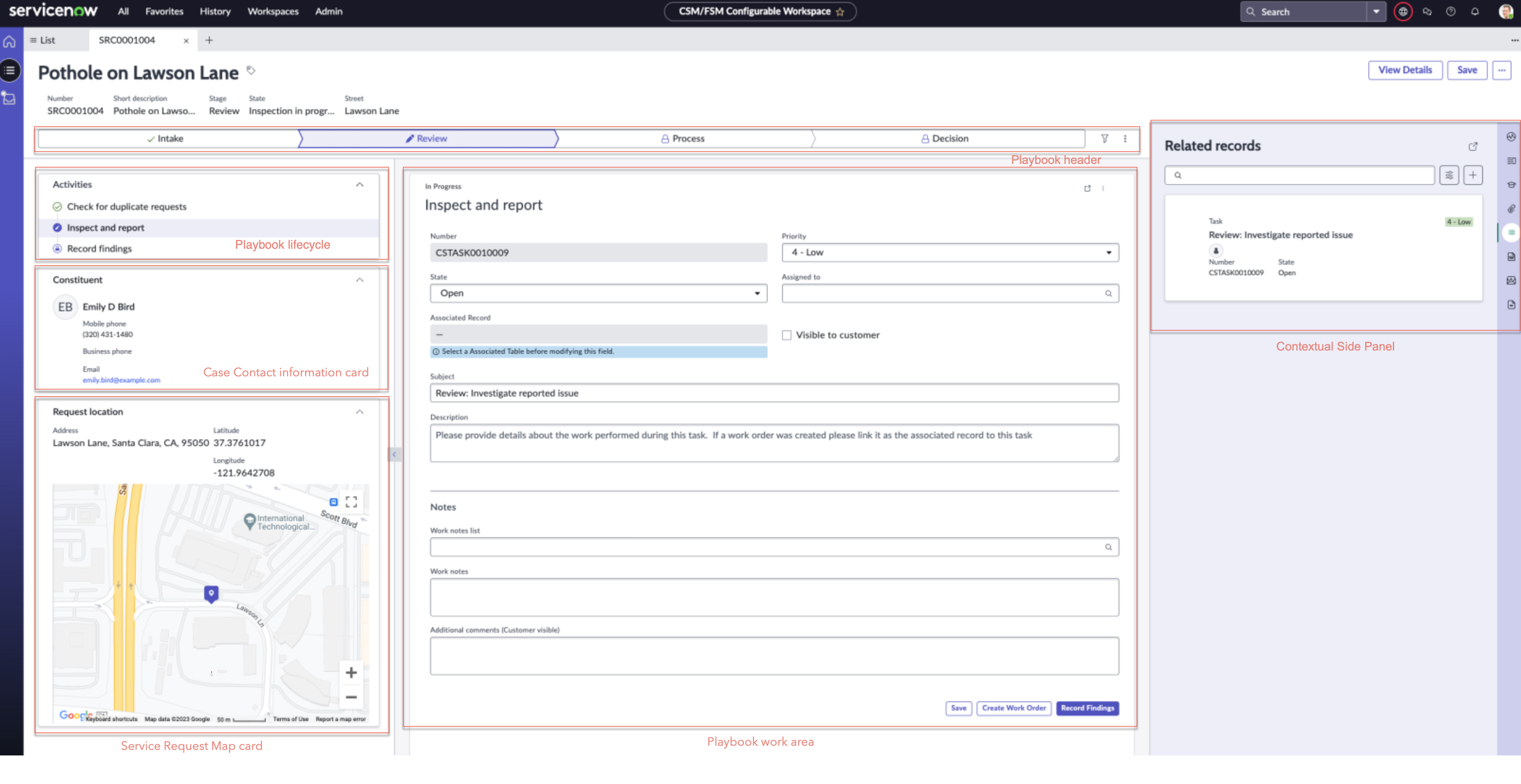 Vue d’Espace de travail d’agent du cycle de vie du playbook, des informations d’enregistrement de ticket et des détails de la demande de service, affichée dans la vue Activité basée sur le processus. Pour la description du texte, reportez-vous à la table des composants du playbook.