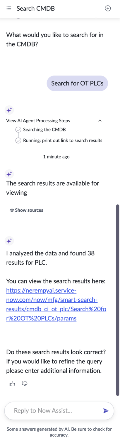 Search results for OT PLCs are using the OT CMDB search function
