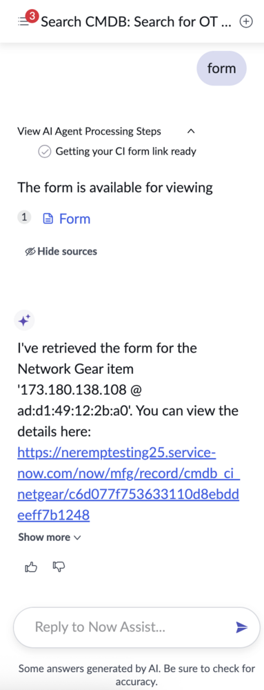 Form view of the specified network gear accessible through a link in the Now Assist panel.