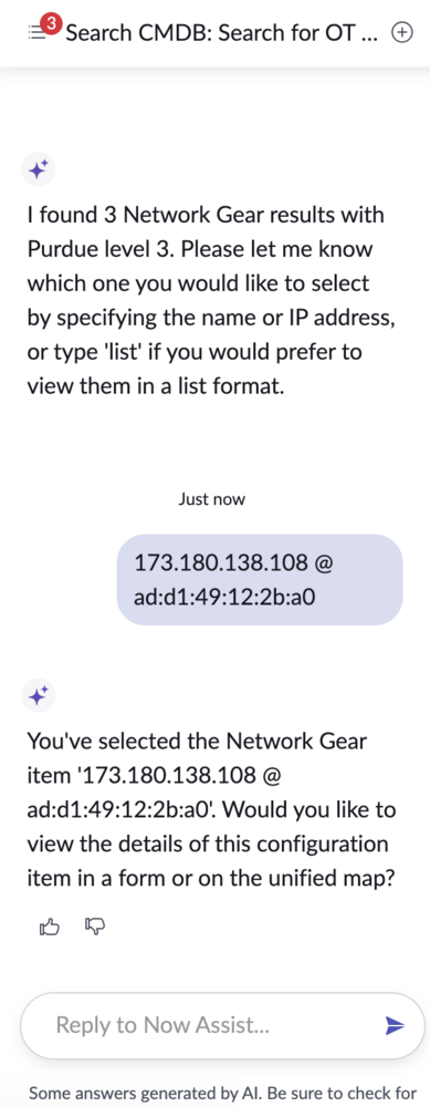 Conversation in the Now Assist panel to view the specified network gear in either a form or unified map.