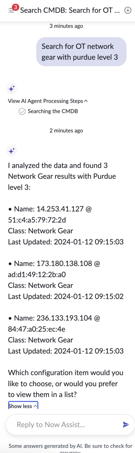 Initiating the conversation in the Now Assist panel to search for OT network gear with a Purdue Level of 3