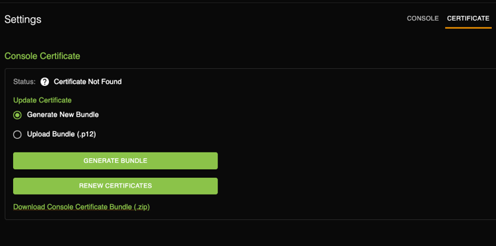Certificate tab on the Settings page