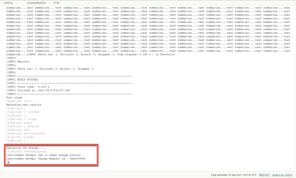 Número da solicitação de mudança em logs Jenkins para pipelines com script