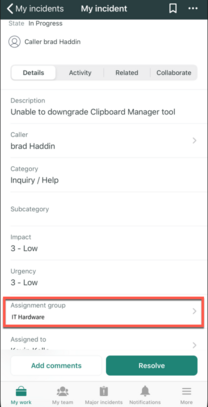 Grupo de atribuição no ITSM Mobile Agent