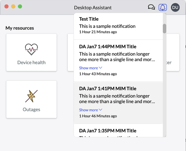 Lista de notificações do Assistente para desktop