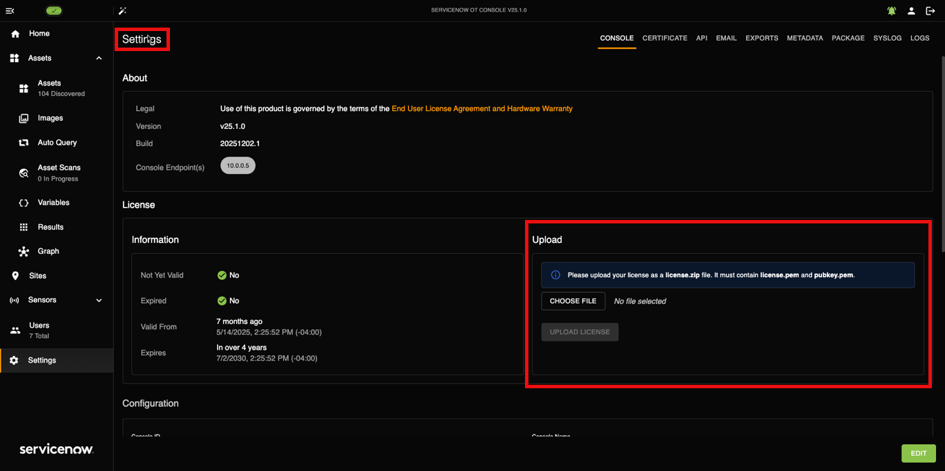 Settings > Upload license
