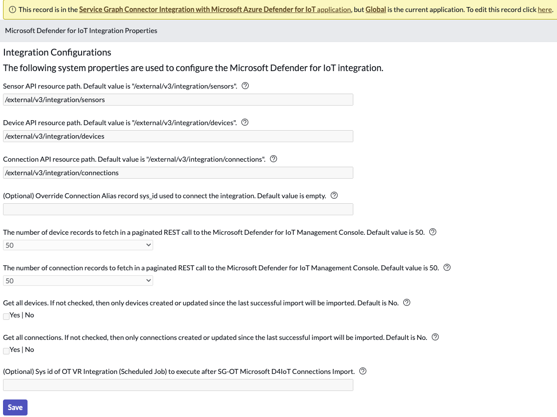 Microsoft Defender for IoT Integration properties.