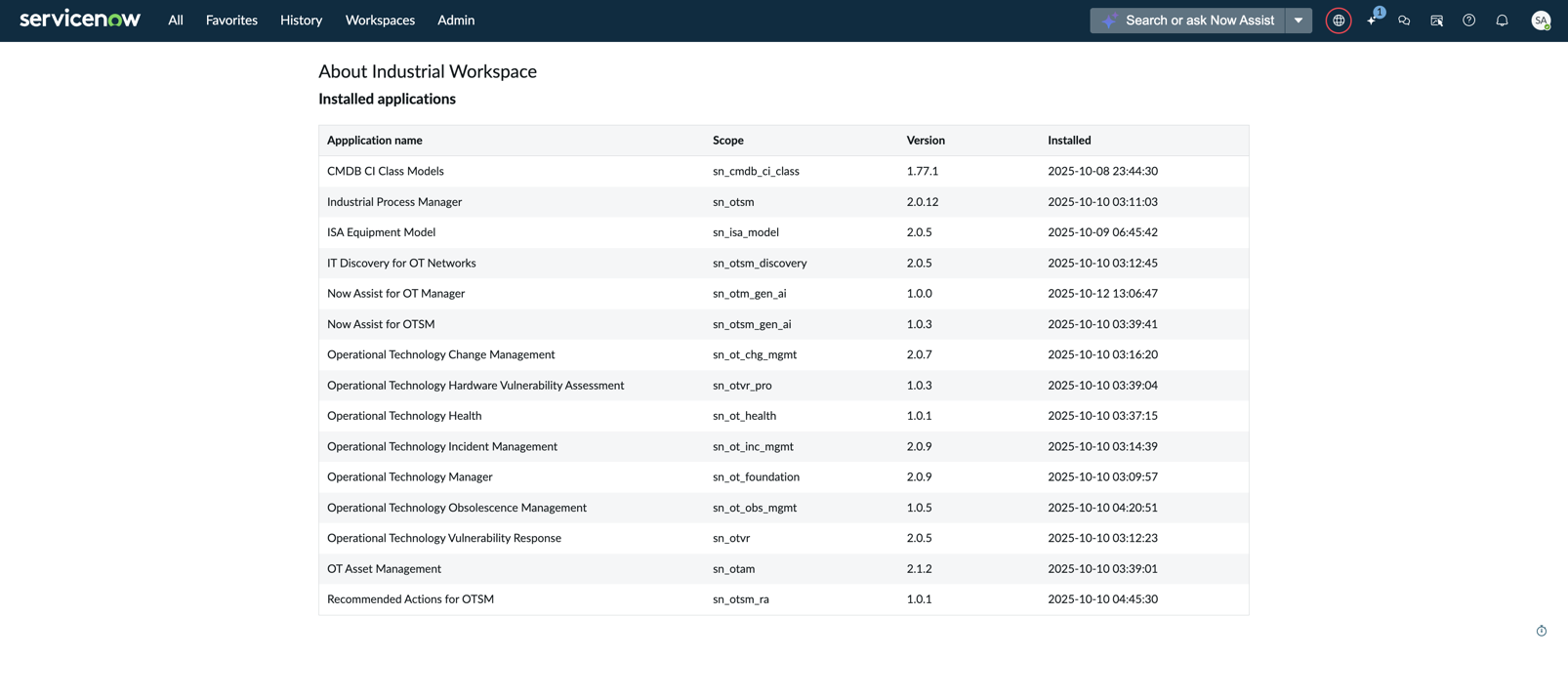 Installed application table where you can view the OT applications installed on your instance