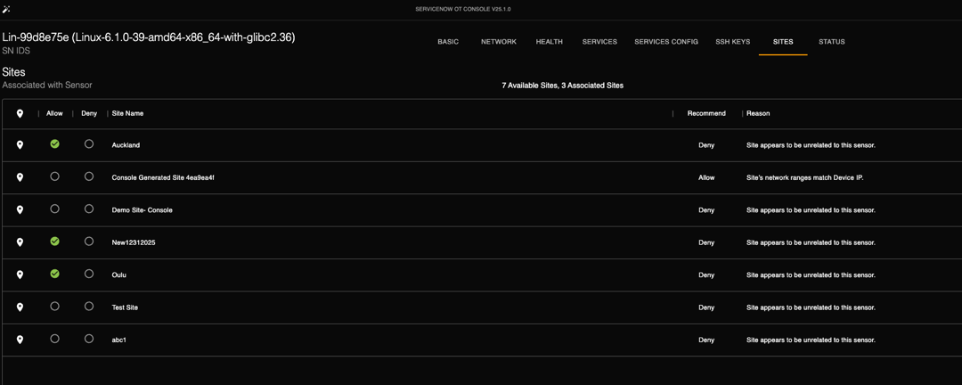 Sensor Sites tab