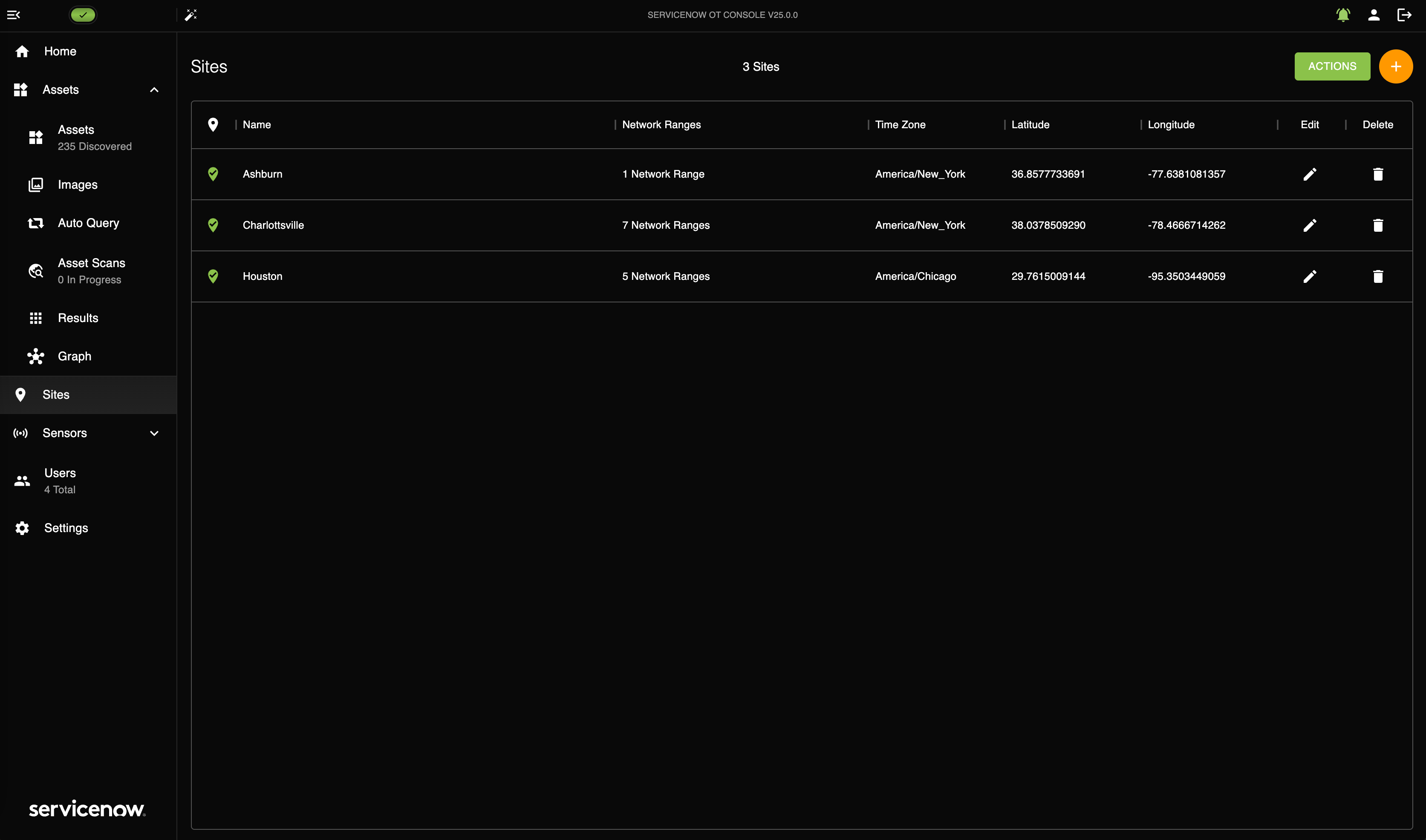 List of sites on the Sites page for the Discovery Console for OT