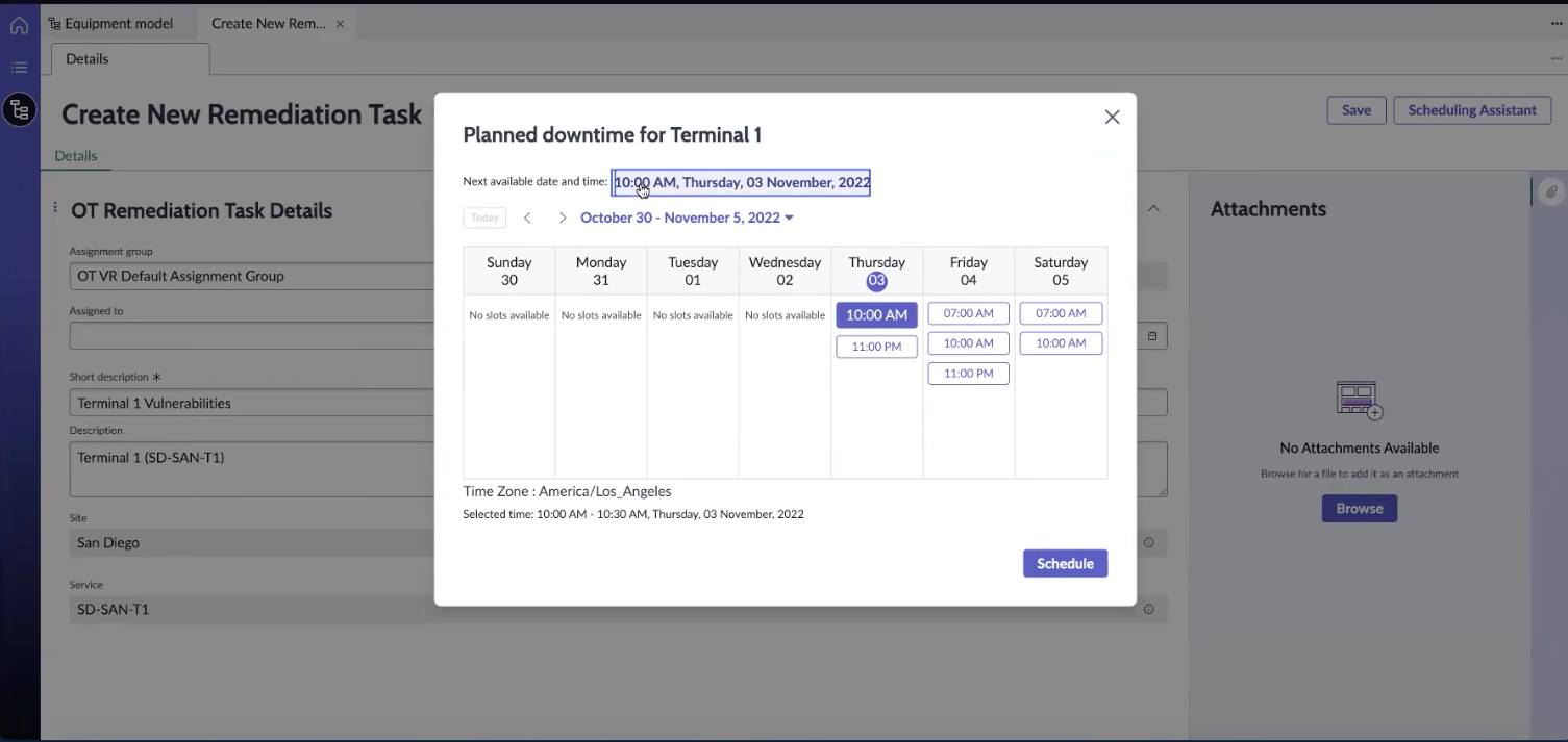 Calendar where you select a date-time slot for your remediation task to take place.