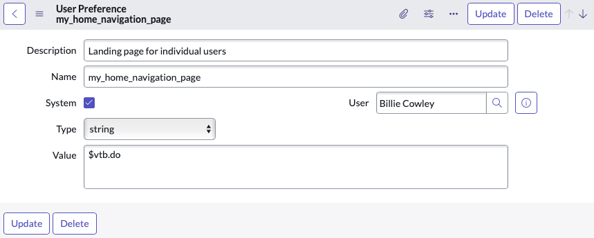 User Preference my_home_navigation_page form with a VTB URL segment in the Value field