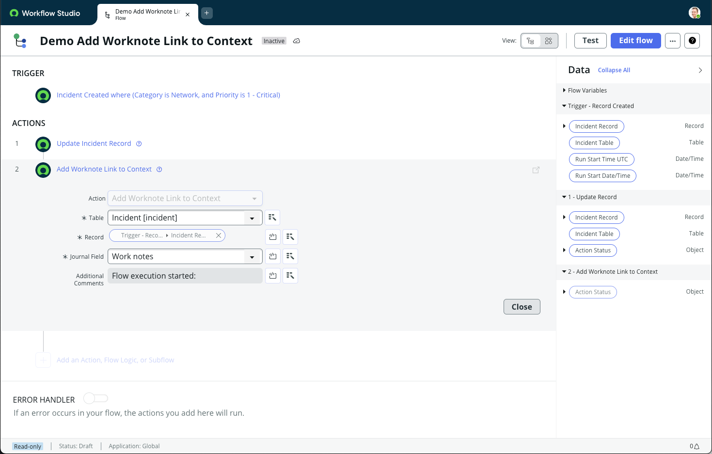 Configuration du lien Ajouter une note de travail au contexte