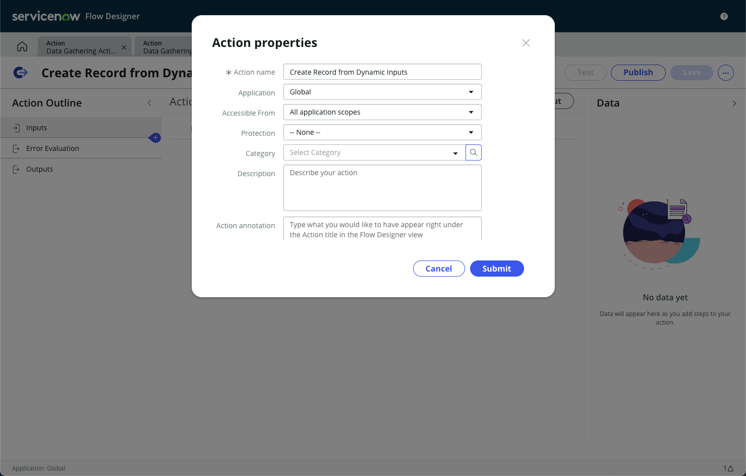 Exemple de configuration des propriétés de l’action de l’étape 2