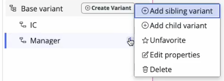 Menu d’action Variantes de playbook avec l’option Ajouter une variante sœur mise en surbrillance