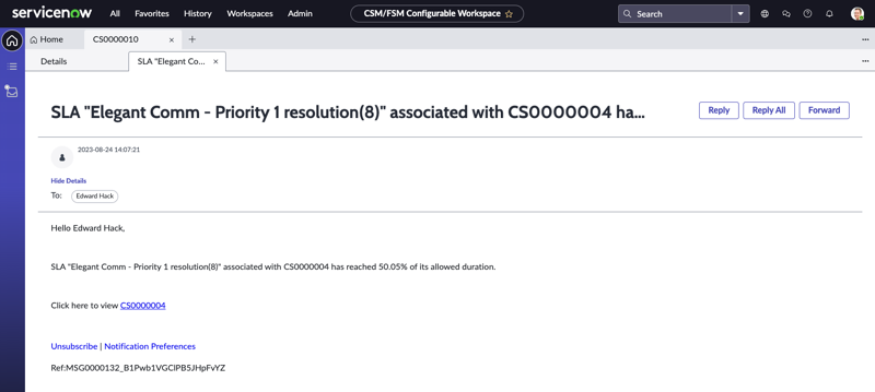 Onglet Détails affichant les informations d’e-mail d’un enregistrement de ticket.