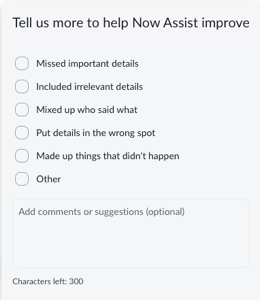 Thumbs down granular feedback dialog.