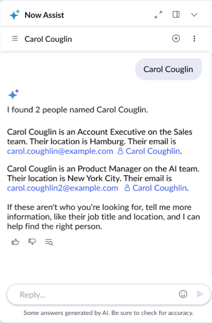 People results appear in the synthesized response and provide details such as the person's name, position, location, and email.