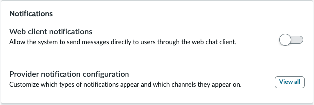 Virtual Agent setting showing Use notifications toggle switch in inactive state.