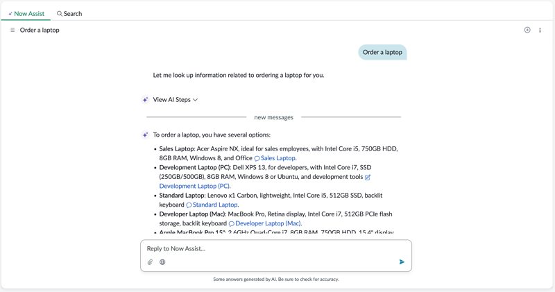 A synthesized response appears for an order a laptop prompt in the Now Assist tab.