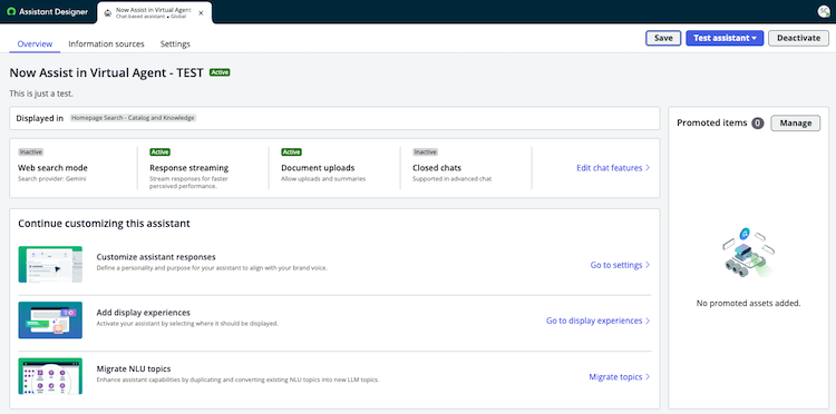 Overview page when editing an assistant.