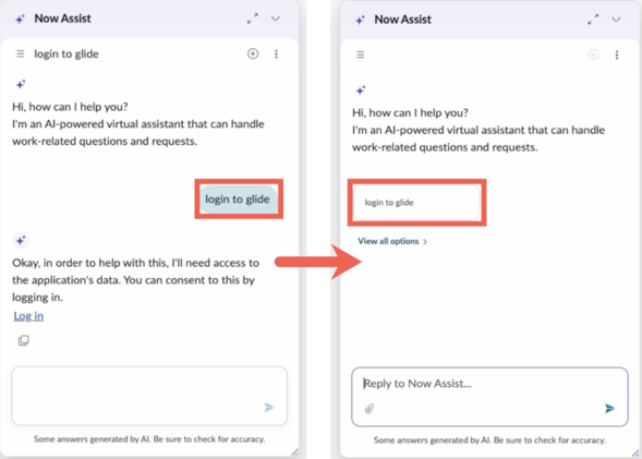 ServiceNow Otto for Virtual Agent chat windows. The user selects "login to glide" and the Virtual Agent provides a Log in link.