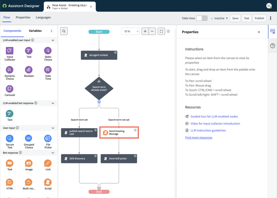 Topic flow tab with Send skill picker node highlighted on canvas.