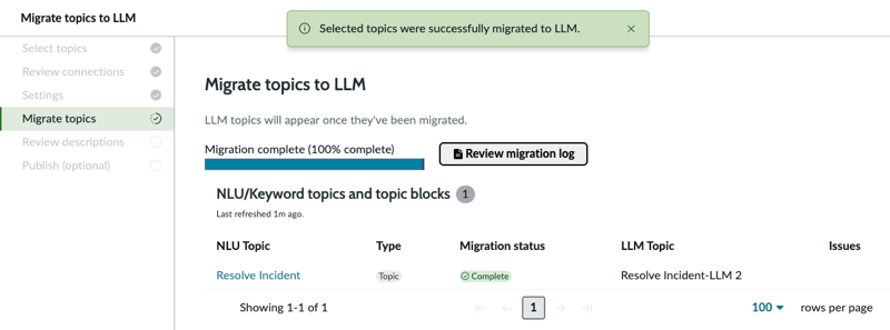 When topic migration is complete, the Download migration log option appears and you can select this option to view additional data on the success or failure of your topic migration.