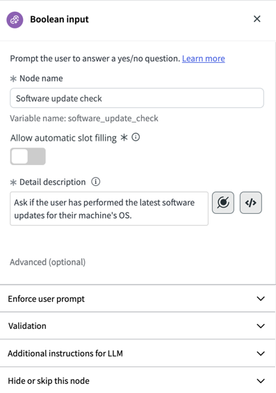 All basic Boolean user input fields are openly available. Select any of the advanced options to toggle them open individually.