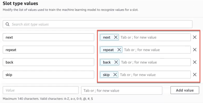 Edit the slot type values in the column on the right.