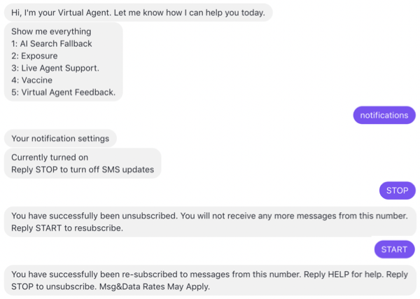 The user enters "notifications" to view settings, which are currently on. The user enters STOP, and the bot unsubscribes them. When the user enters START, the bot confirms the re-subscription.