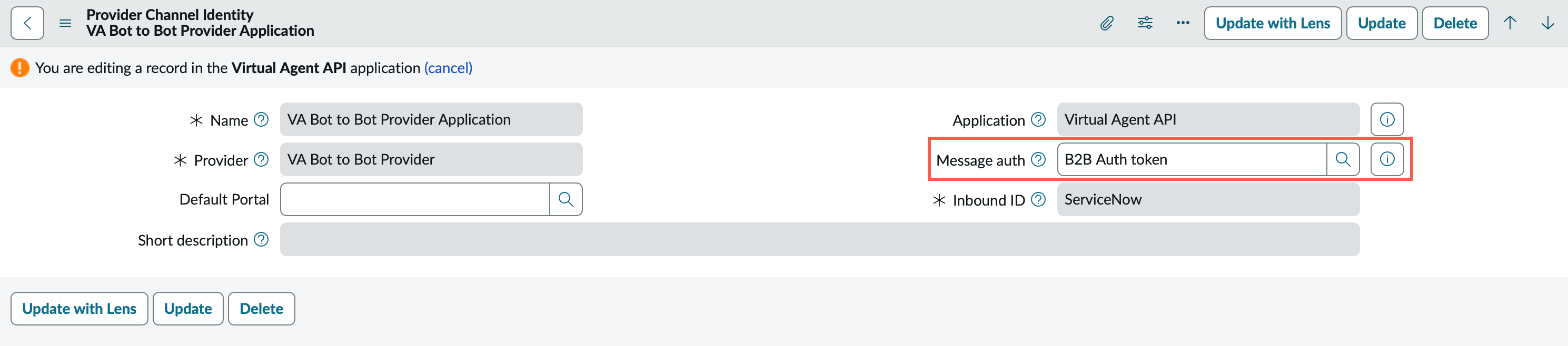 Provider Channel Identify form for VA Bot-to-Bot Provider Application record, with Message auth field highlighted.
