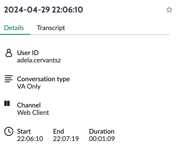 Virtual Agent Analytics Dashboard conversation details tab.